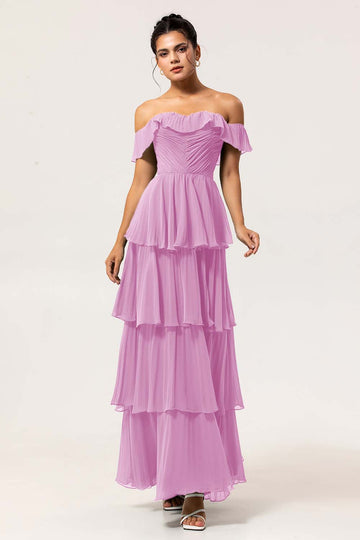 Candy Pink A Line Off the Shoulder Tiered  Pleated Long Bridesmaid Dress with Slit
